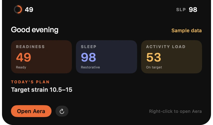 Aera notch island on macOS showing readiness, sleep, and activity load