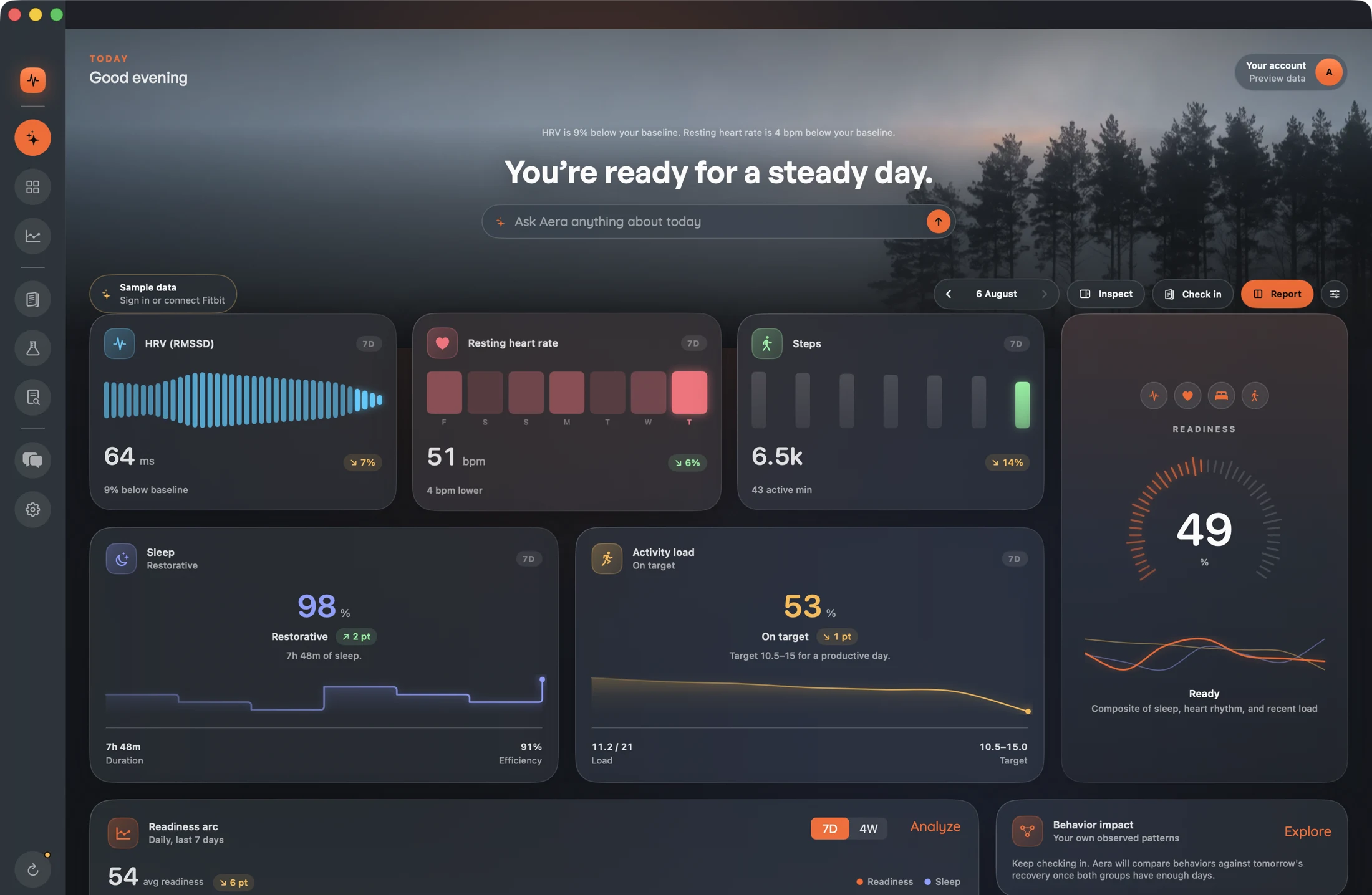 Aera dashboard on macOS — readiness, HRV, resting heart rate, sleep and activity load on one screen